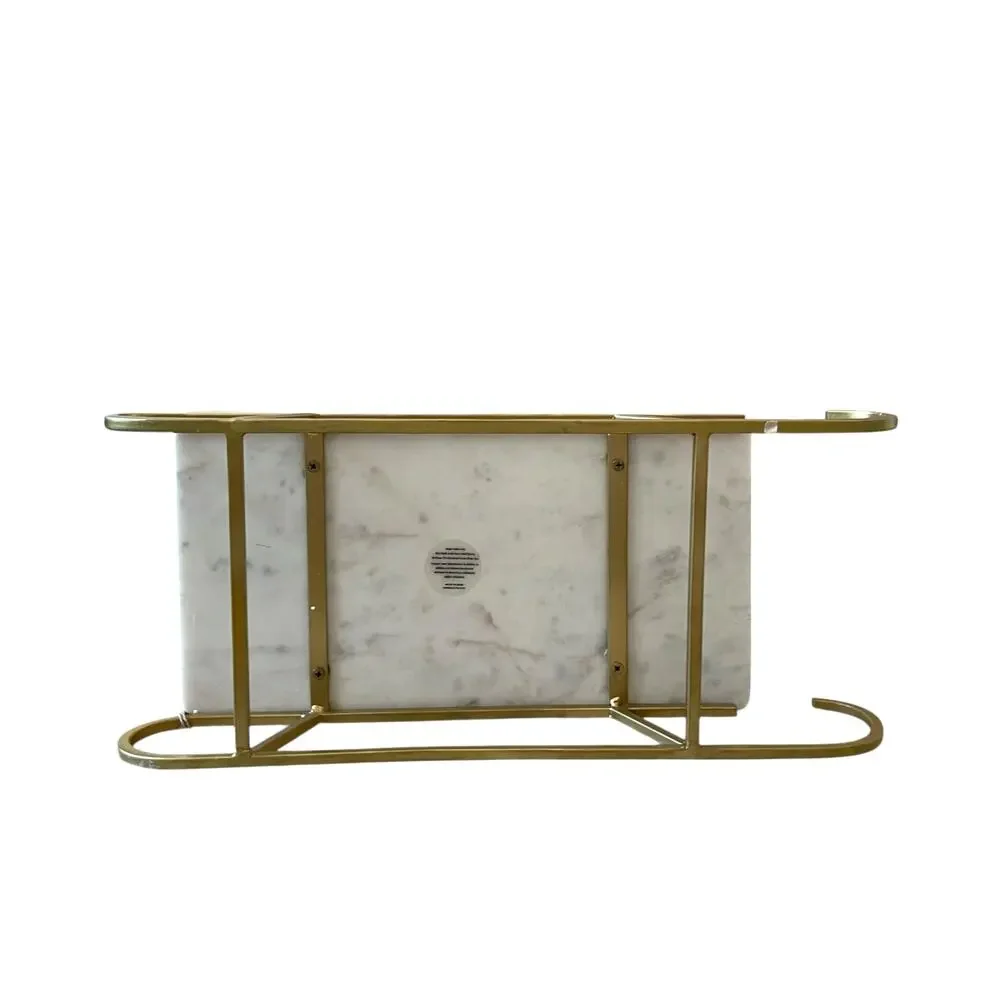 Marble Sledge Holiday Serving Tray 18x8 White & Gold Metal Handmade in India